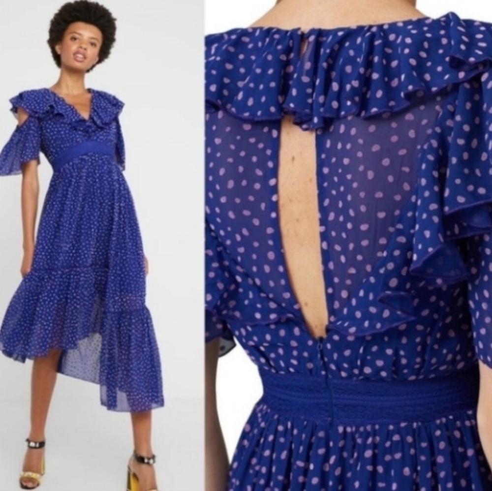 Three Floor Assymetrical Midi Dress Ada Blue Purple Polka Dot Ruffle 12 Anthro